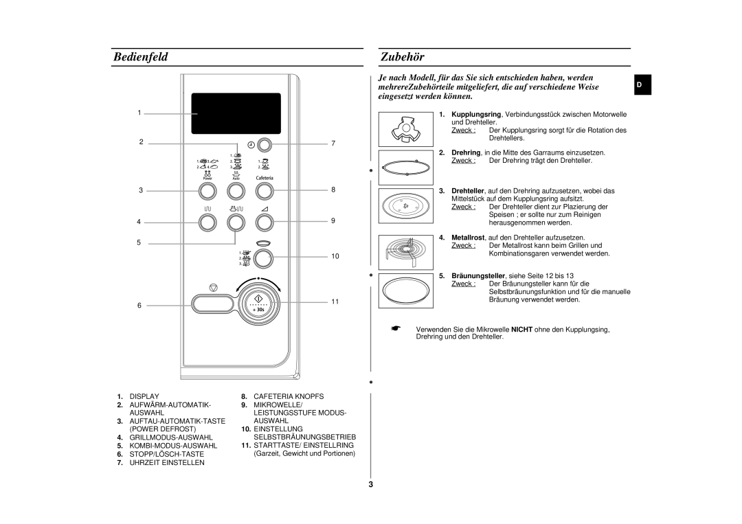 Samsung CE287AST/XEG manual Bedienfeld Zubehör 