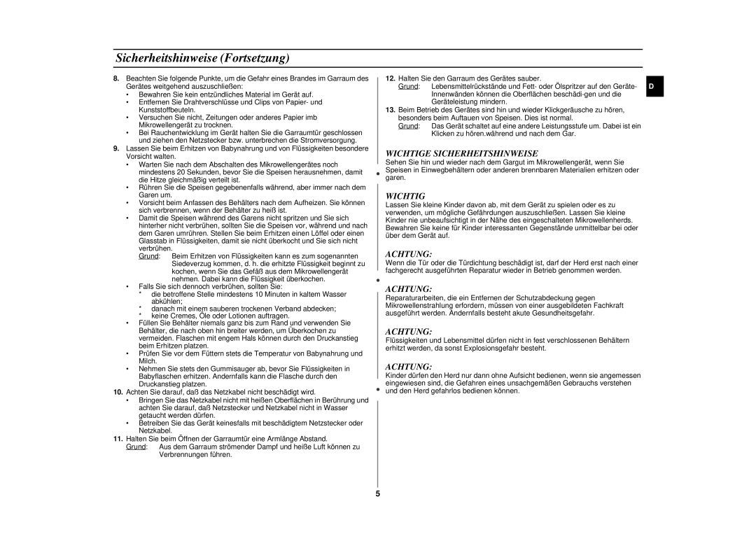 Samsung CE287AST/XEG manual Sicherheitshinweise Fortsetzung, Wichtige Sicherheitshinweise, Achtung 