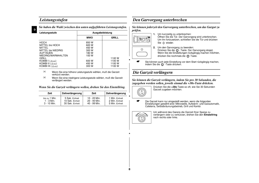 Samsung CE287AST/XEG Leistungsstufen, Den Garvorgang unterbrechen, Die Garzeit verlängern, Leistungsstufe Ausgabeleistung 