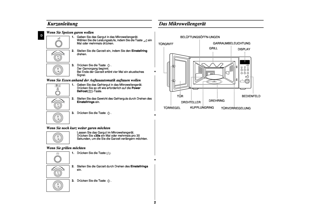 Samsung CE287AST/XEG manual Kurzanleitung, Das Mikrowellengerät, Wenn Sie Speisen garen wollen, Wenn Sie grillen möchten 