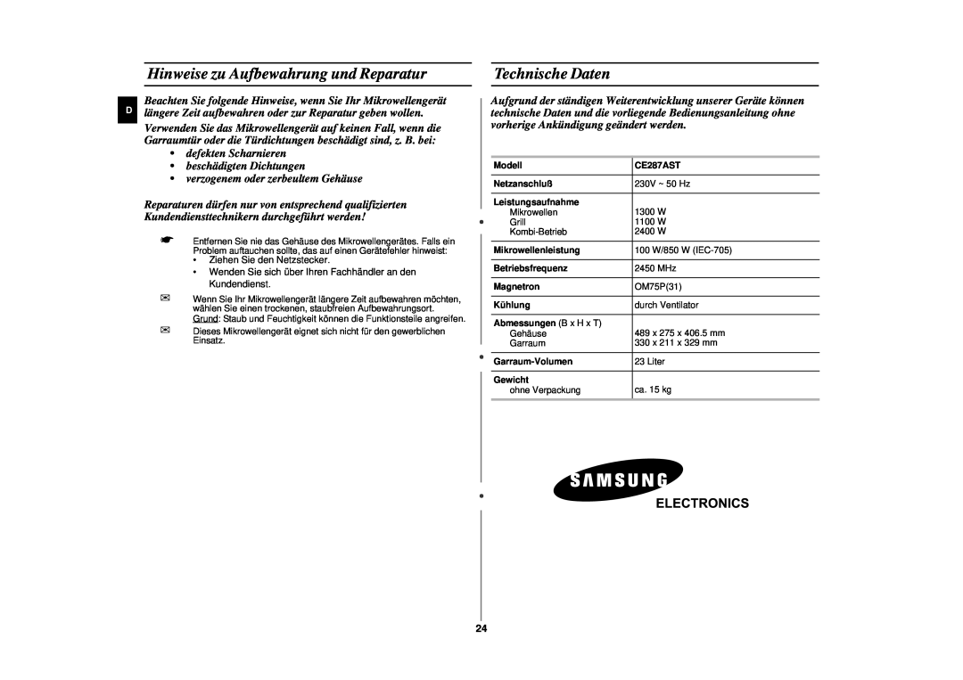 Samsung CE287AST/XEG manual Hinweise zu Aufbewahrung und Reparatur, Technische Daten 