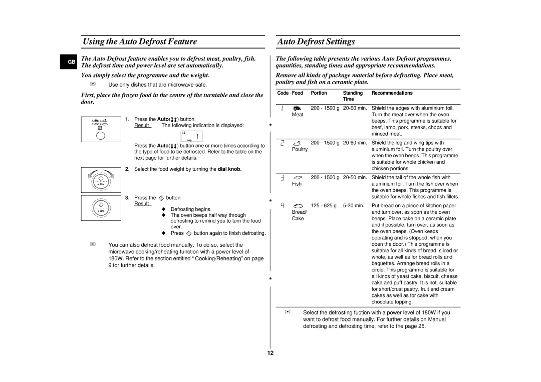 Samsung CE287CN-S/XEH manual Using the Auto Defrost Feature Auto Defrost Settings 