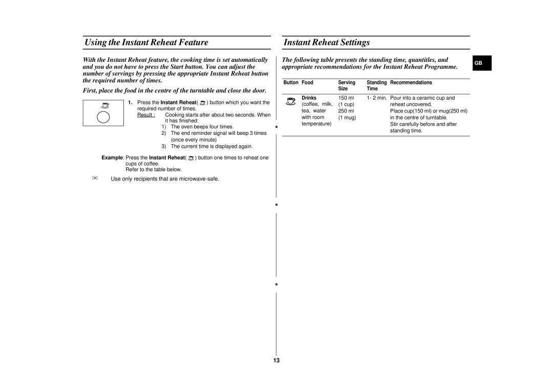 Samsung CE287CN-S/XEH manual Using the Instant Reheat Feature Instant Reheat Settings 