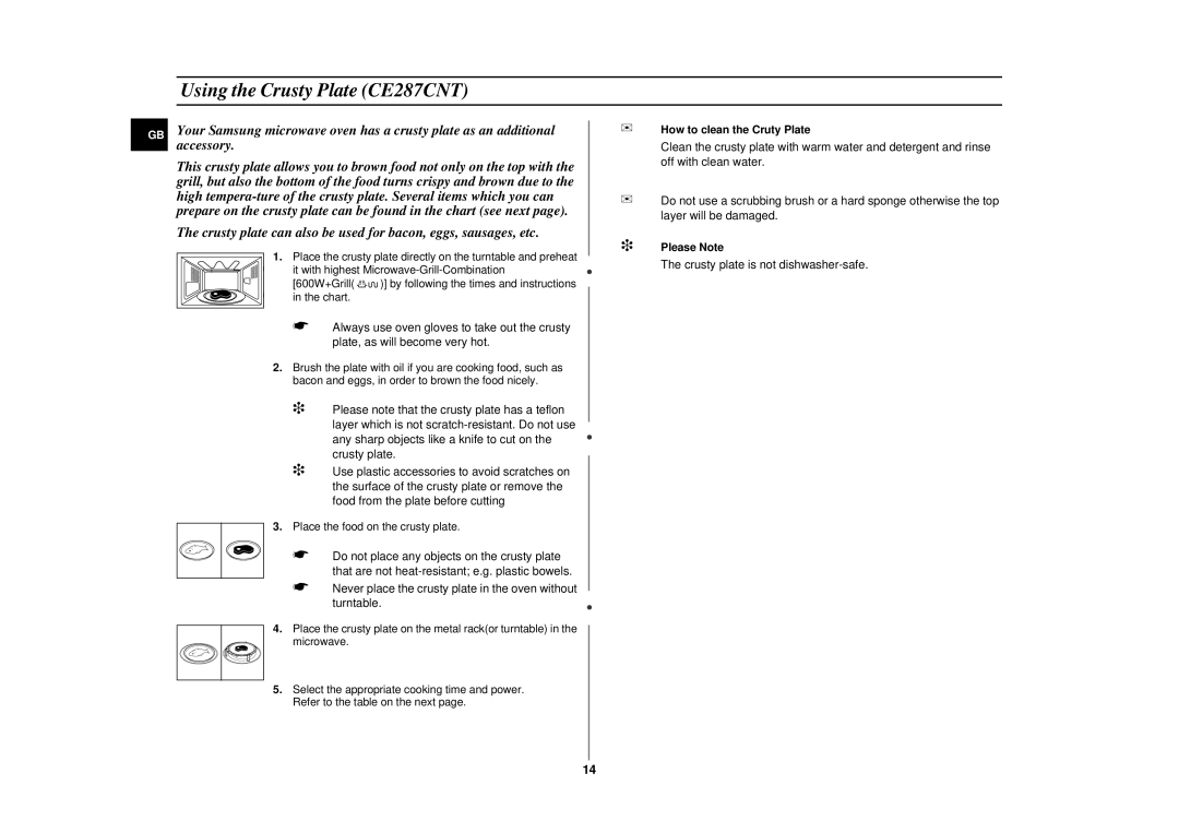 Samsung CE287CN-S/XEH manual Using the Crusty Plate CE287CNT, How to clean the Cruty Plate, Please Note 