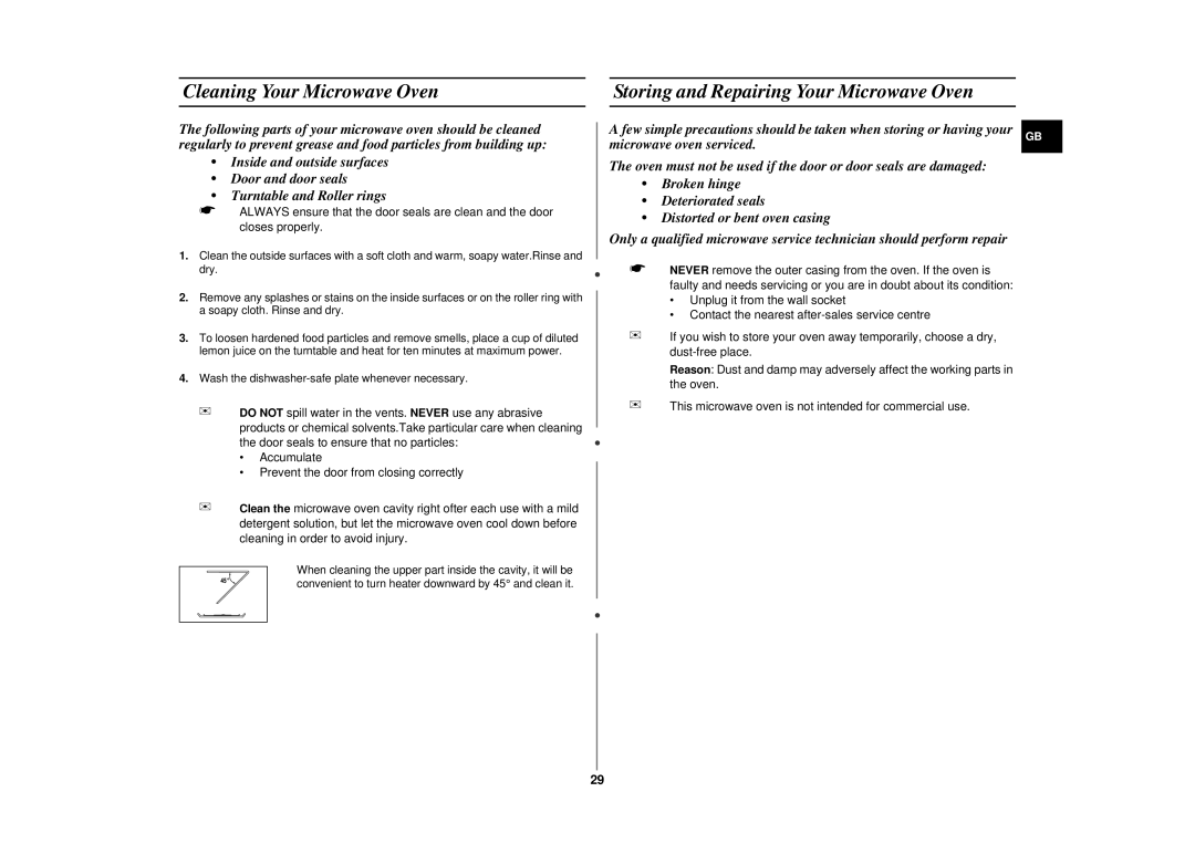 Samsung CE287CN-S/XEH manual Cleaning Your Microwave Oven, Storing and Repairing Your Microwave Oven 