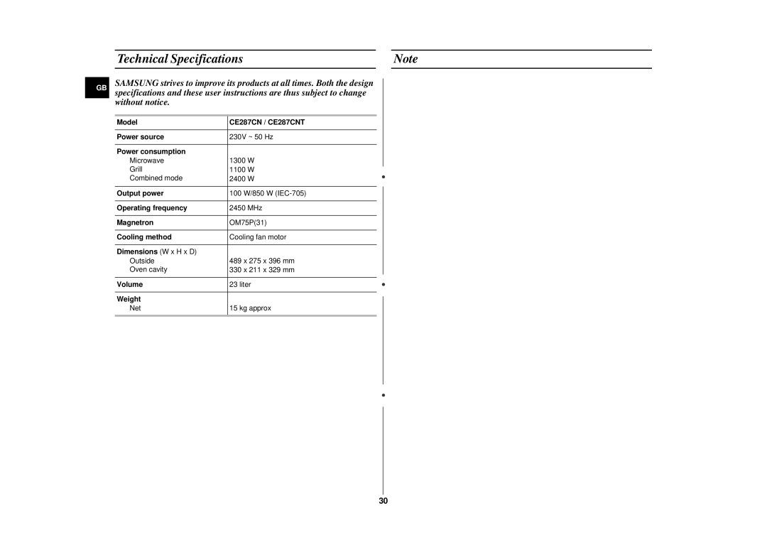 Samsung CE287CN-S/XEH manual Technical Specifications 