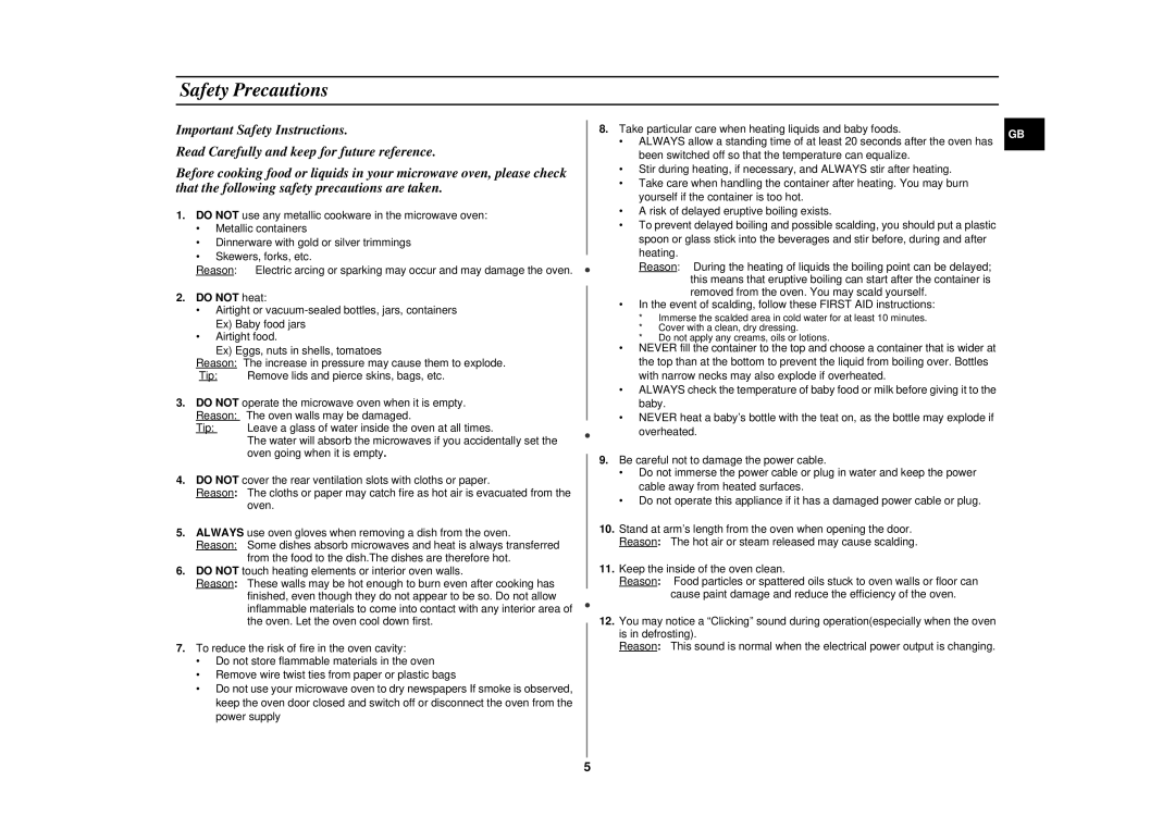 Samsung CE287CN-S/XEH manual Safety Precautions, Do not heat 