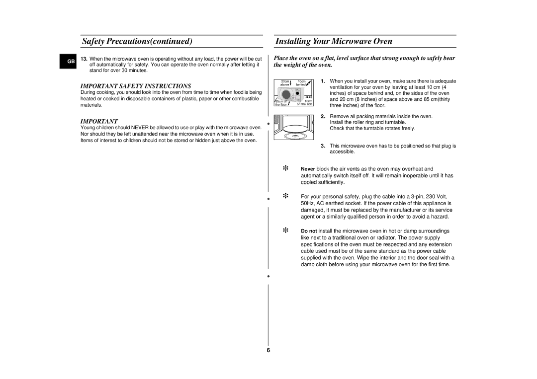 Samsung CE287CN-S/XEH manual Installing Your Microwave Oven, Important Safety Instructions 