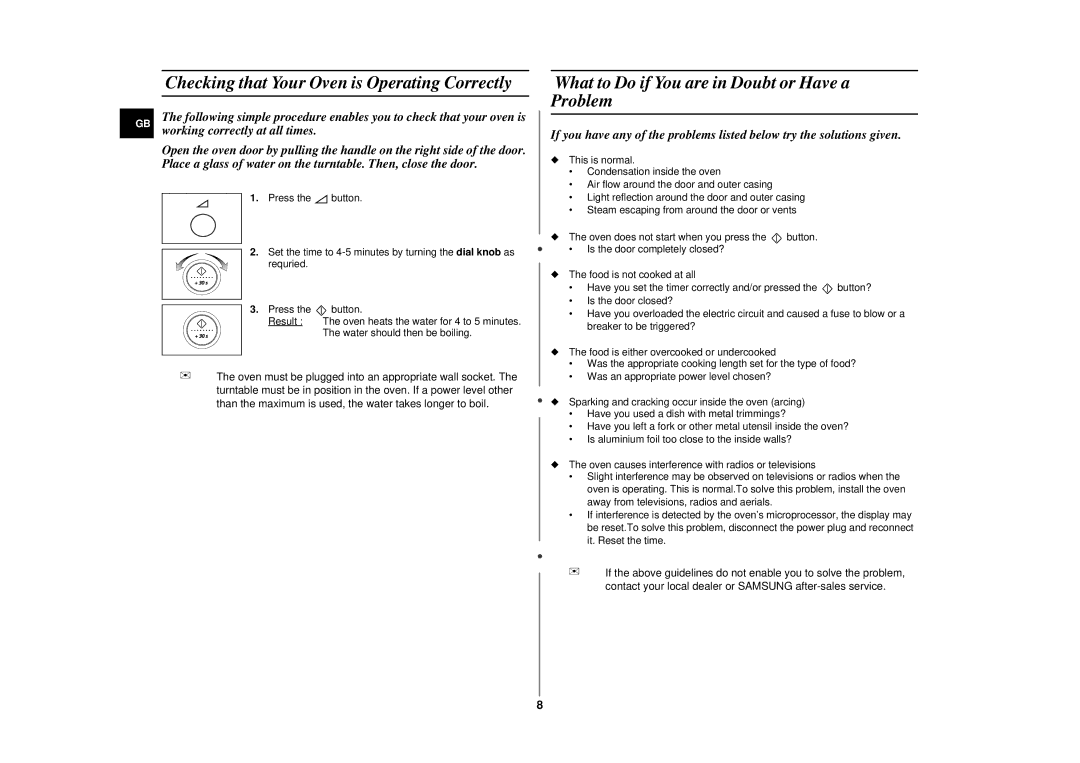 Samsung CE287CN-S/XEH Checking that Your Oven is Operating Correctly, What to Do if You are in Doubt or Have a Problem 