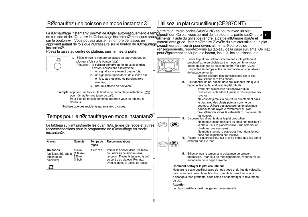 Samsung CE287CN/XEF Réchauffez une boisson en mode instantané, Temps pour le réchauffage en mode instantané, Boissons 