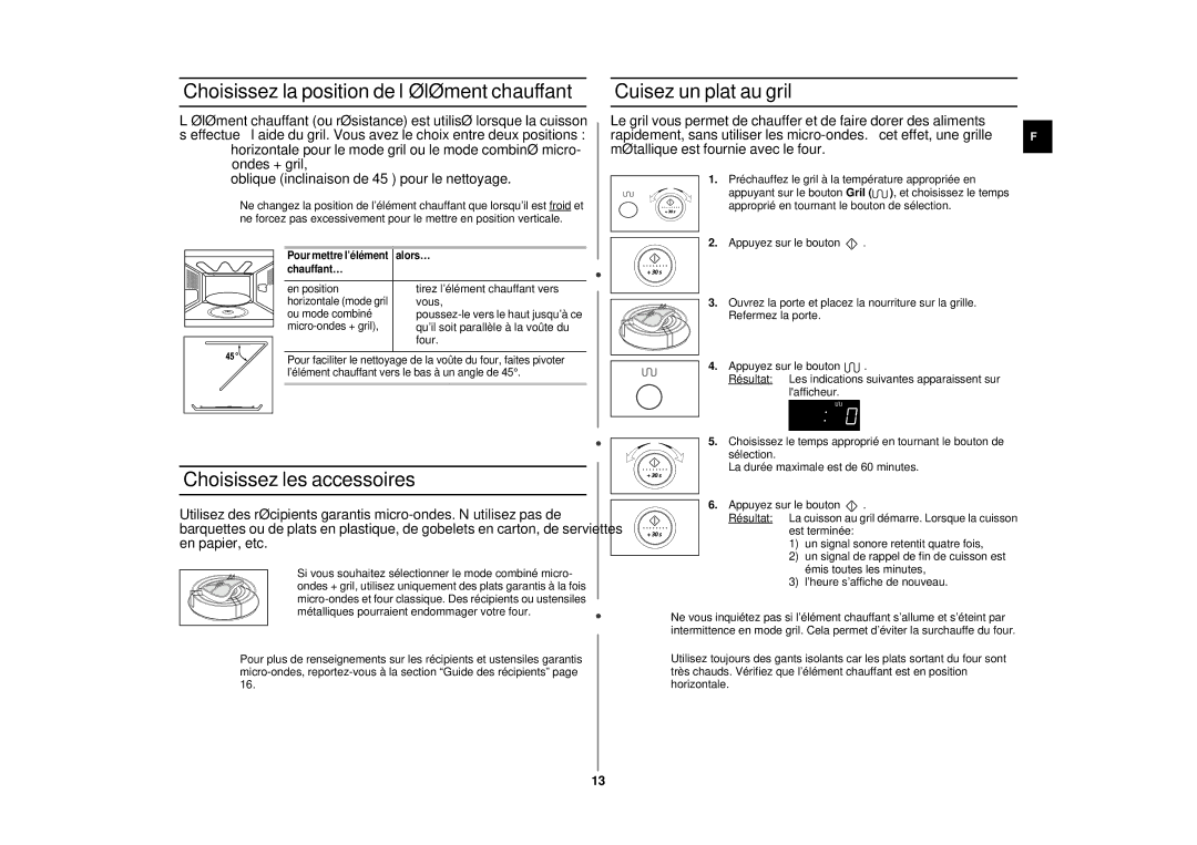 Samsung CE287CN/XEF Choisissez la position de l’élément chauffant, Choisissez les accessoires, Cuisez un plat au gril 