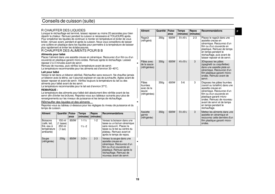 Samsung CE287CN/XEF manual Réchauffer DES Liquides, Réchauffer DES Aliments Pour Bébé, Remarque 