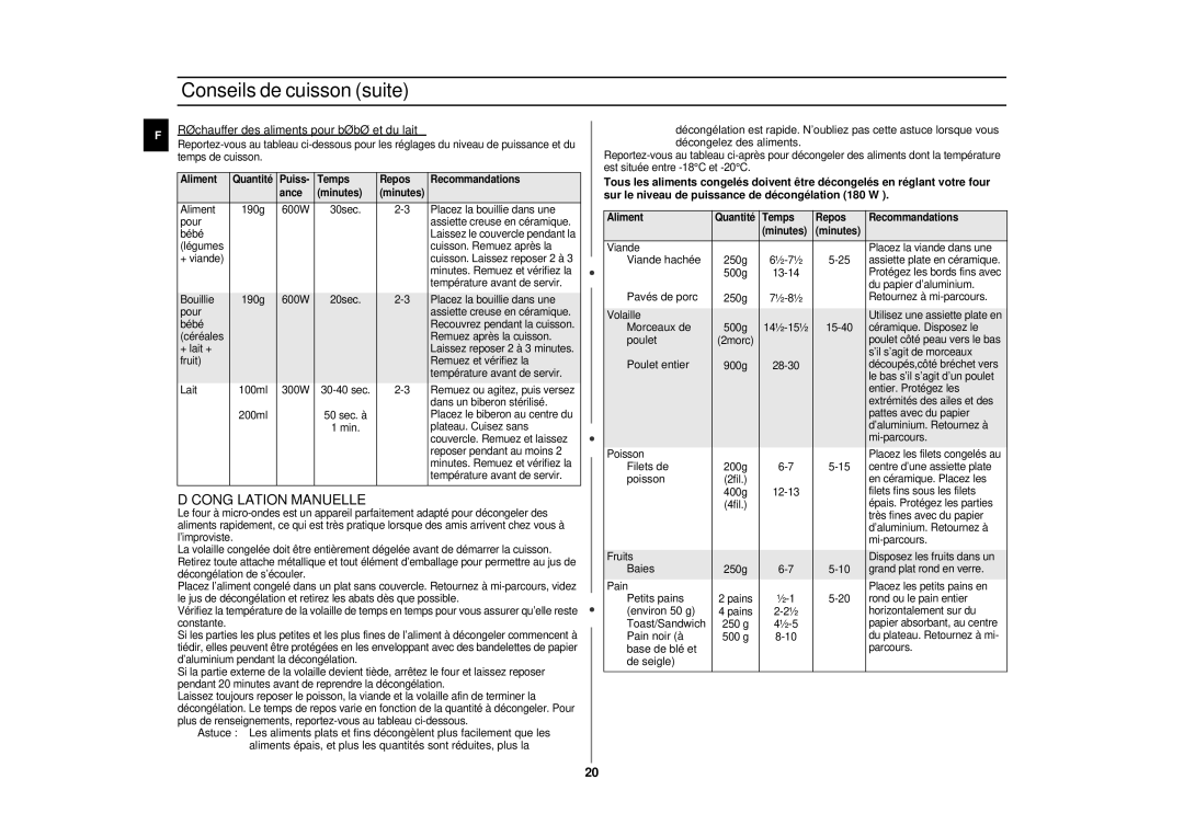 Samsung CE287CN/XEF manual Décongélation Manuelle, Réchauffer des aliments pour bébé et du lait 