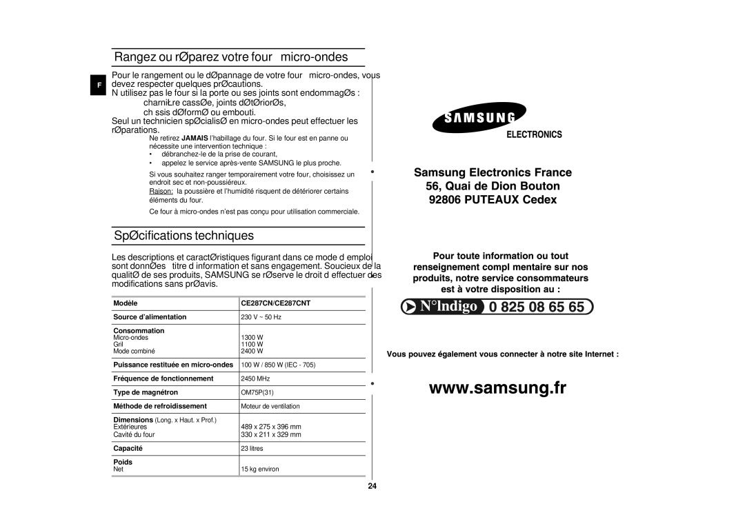 Samsung CE287CN/XEF manual Rangez ou réparez votre four à micro-ondes, Spécifications techniques, CE287CN/CE287CNT 