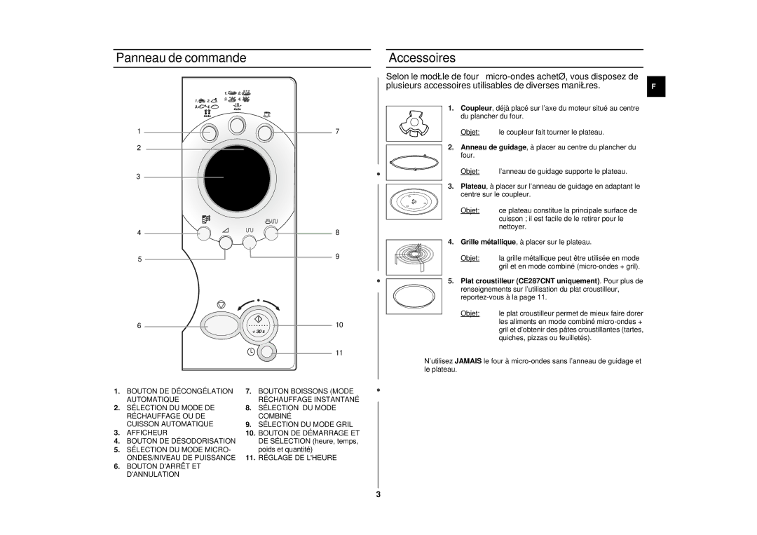 Samsung CE287CN/XEF manual Panneau de commande Accessoires, Objet, Cuisson il est facile de le retirer pour le, Nettoyer 