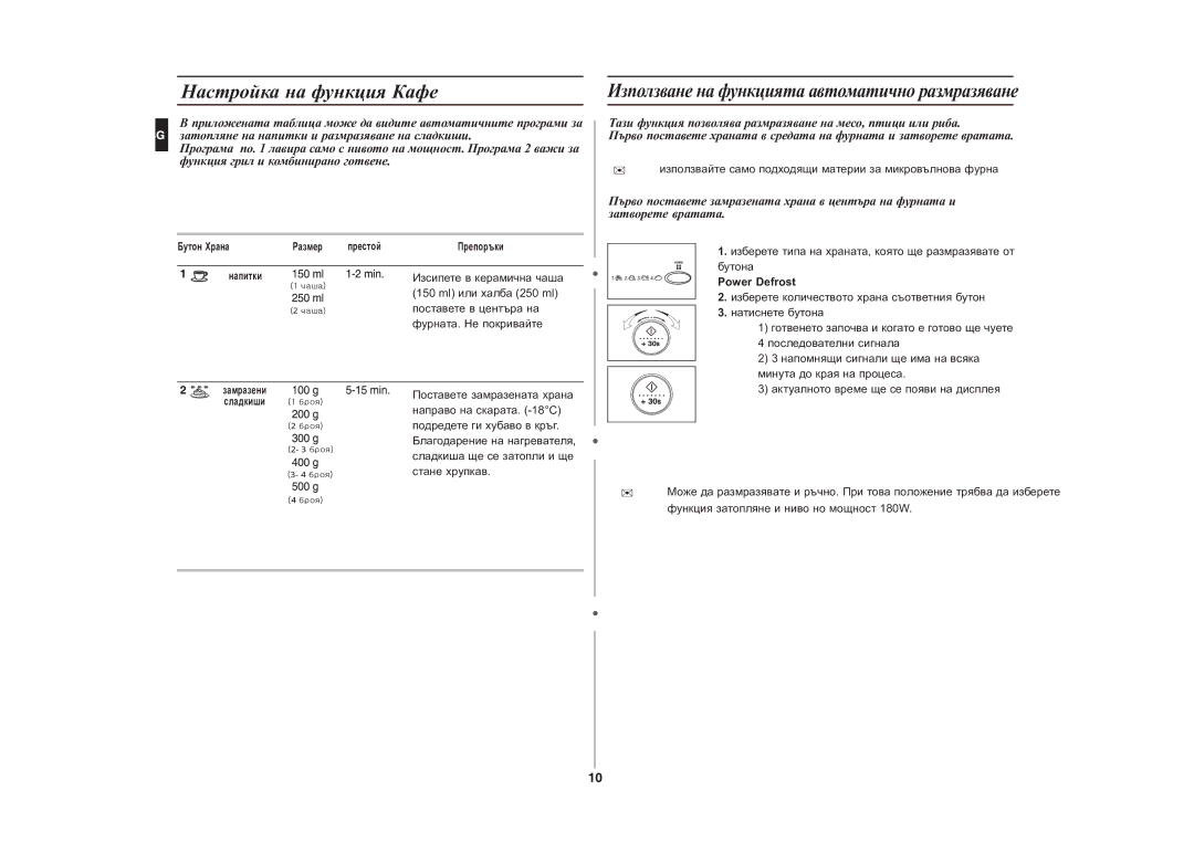 Samsung CE287DN-1/BOL manual Íàñòðîéêà íà ôóíêöèÿ Êàôå, Power Defrost 