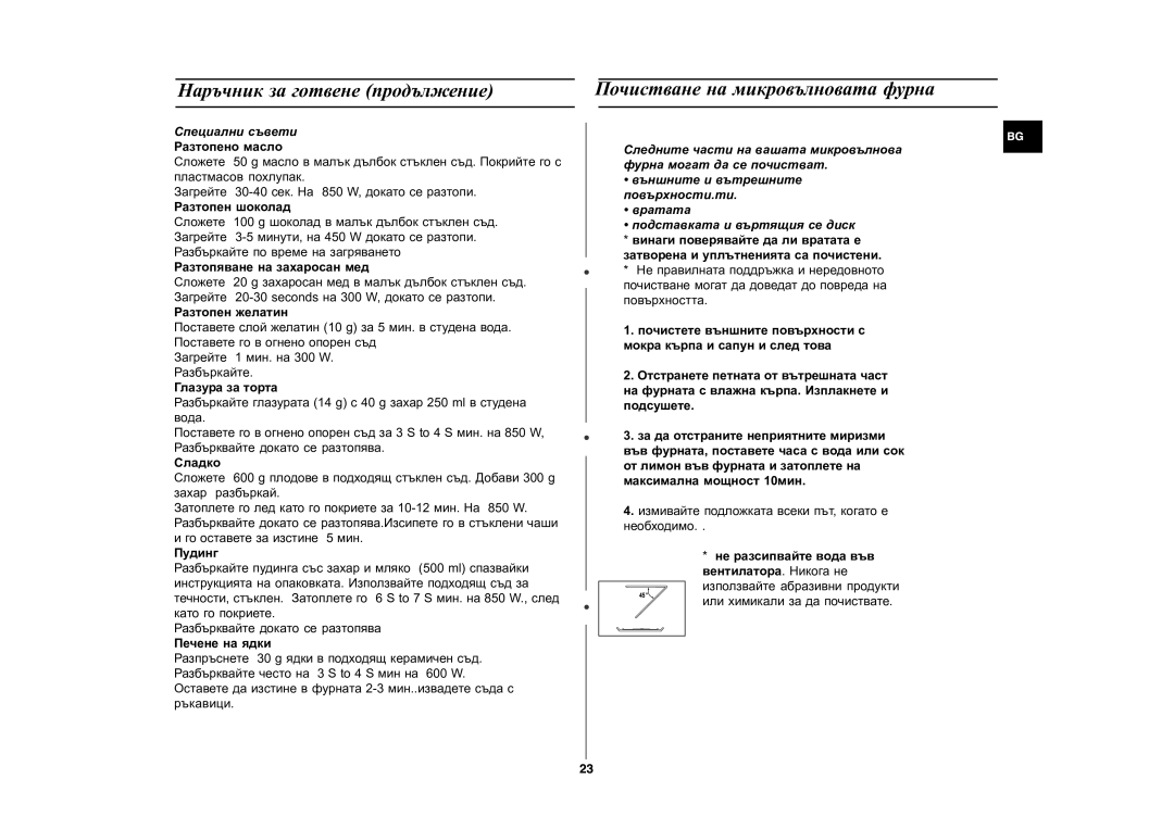 Samsung CE287DN-1/BOL manual Ïî÷èñòâàíå íà ìèêðîâúëíîâàòà ôóðíà, Ñïåöèàëíè ñúâåòè Ðàçòîïåíî ìàñëî 