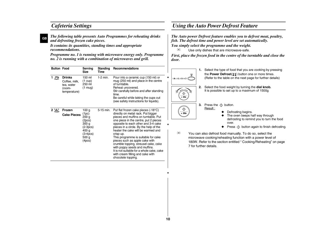 Samsung CE287DN-1/BOL manual Cafeteria Settings, Using the Auto Power Defrost Feature, Drinks, Frozen, Cake Pieces 