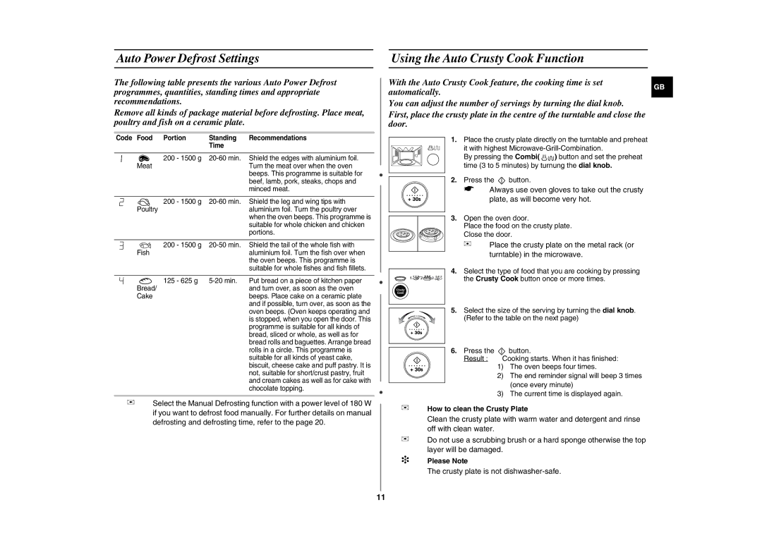 Samsung CE287DN-1/BOL Auto Power Defrost Settings, Using the Auto Crusty Cook Function, How to clean the Crusty Plate 