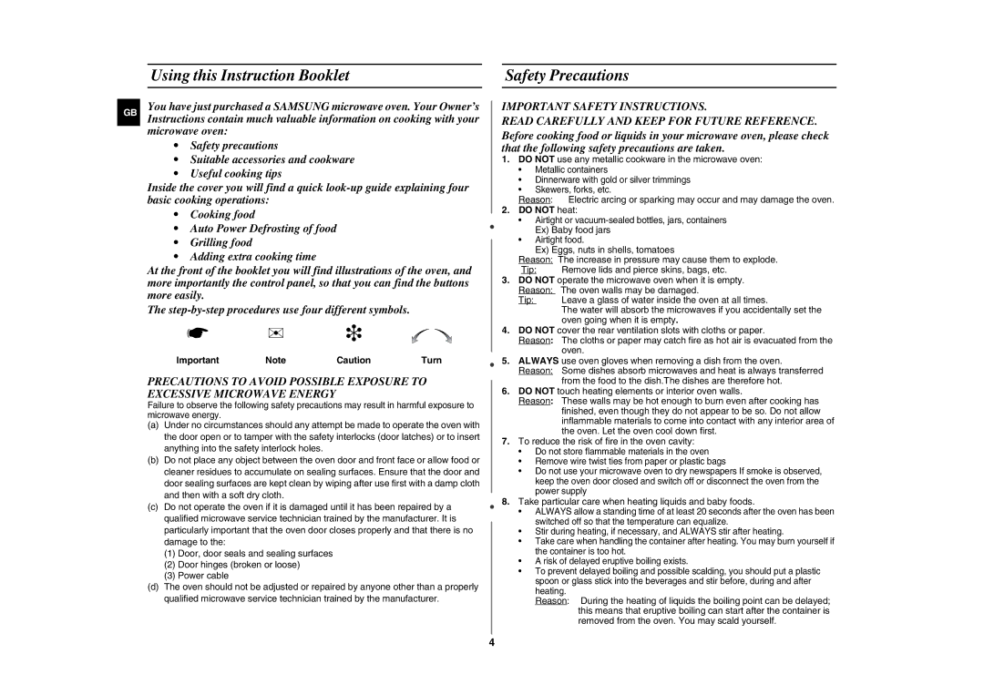 Samsung CE287DN-1/BOL manual Using this Instruction Booklet, Safety Precautions, Do not heat 