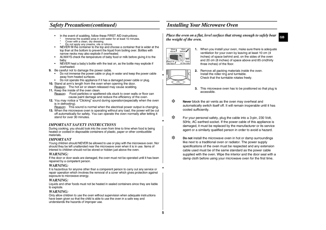 Samsung CE287DN-1/BOL manual Installing Your Microwave Oven, Important Safety Instructions 