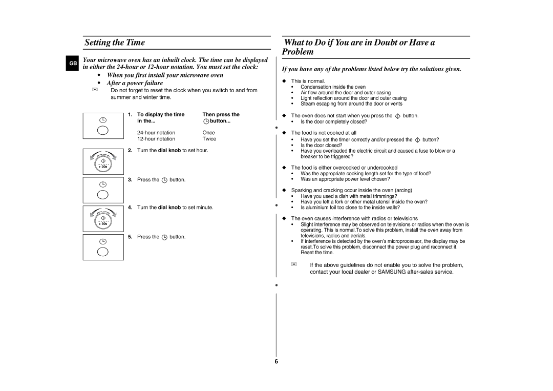 Samsung CE287DN-1/BOL Setting the Time, What to Do if You are in Doubt or Have a Problem, To display the time, Button 