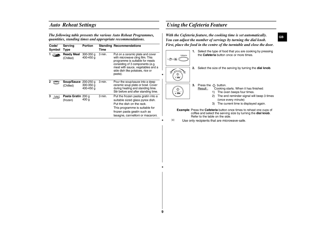 Samsung CE287DN-1/BOL manual Auto Reheat Settings Using the Cafeteria Feature, Soup/Sauce, Pasta Gratin 