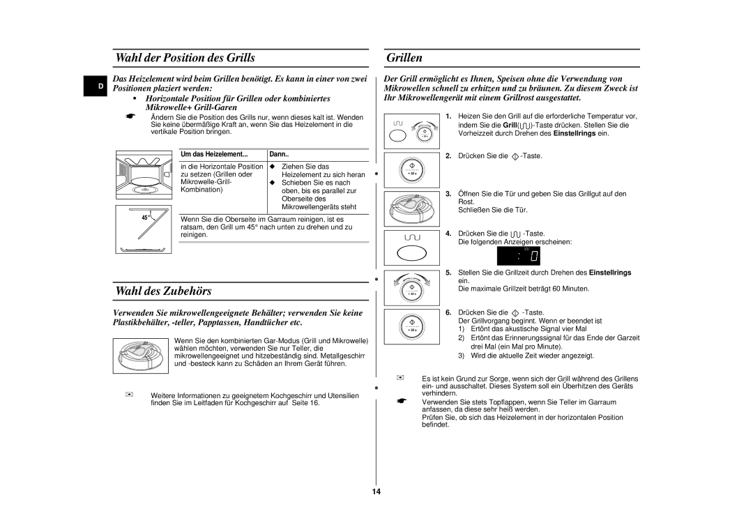 Samsung CE287DN/XEG, CE287DN-S/XEG, CE287DN-1S/XEG manual Wahl der Position des Grills, Wahl des Zubehörs, Grillen 