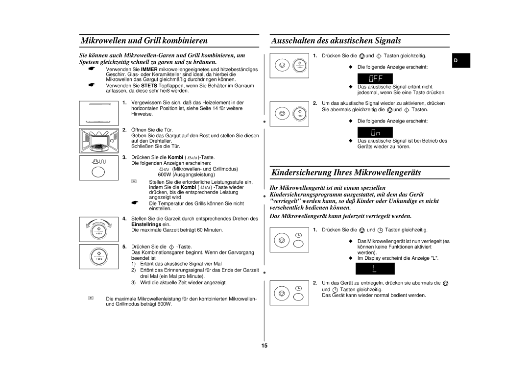 Samsung CE287DN-S/XEG, CE287DN-1S/XEG, CE287DN/XEG Mikrowellen und Grill kombinieren, Ausschalten des akustischen Signals 