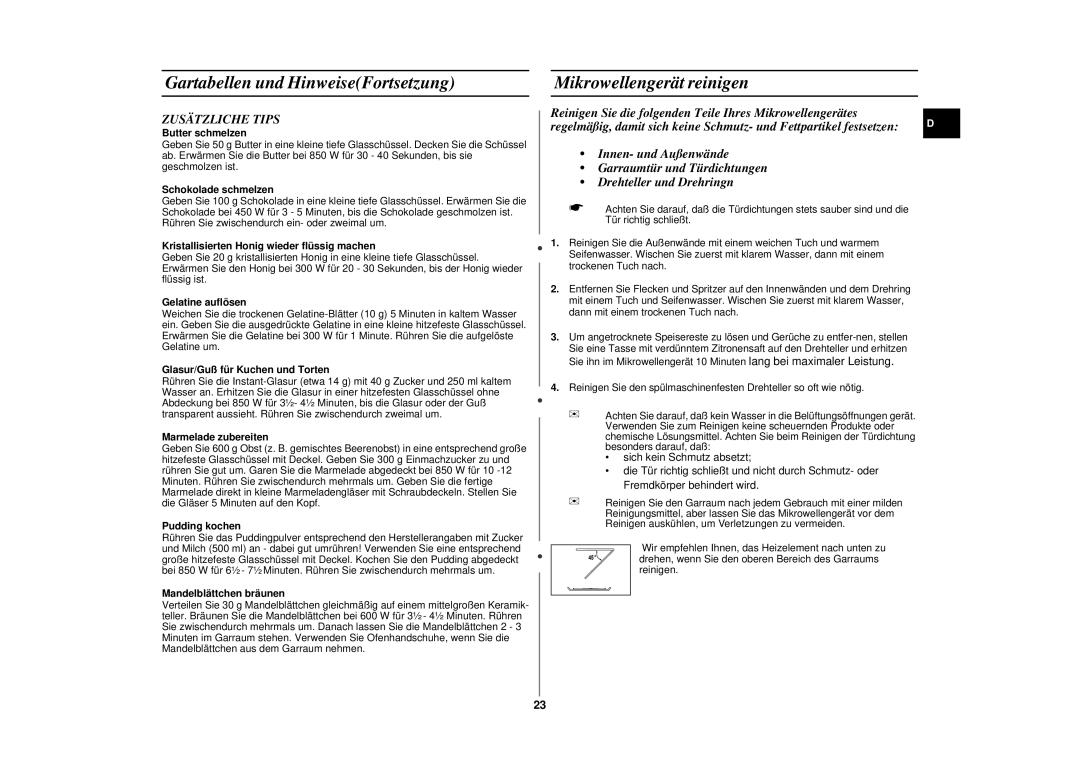 Samsung CE287DN/XEG, CE287DN-S/XEG, CE287DN-1S/XEG manual Mikrowellengerät reinigen, Zusätzliche Tips 