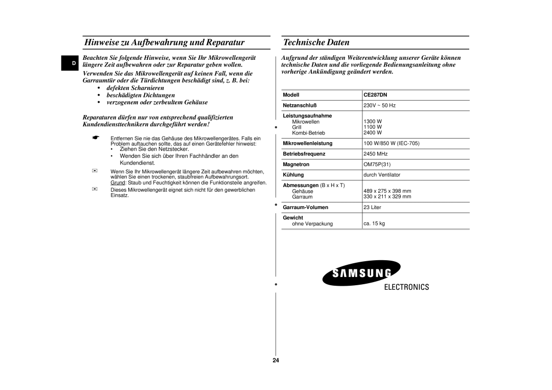 Samsung CE287DN-S/XEG, CE287DN-1S/XEG, CE287DN/XEG manual Hinweise zu Aufbewahrung und Reparatur, Technische Daten 