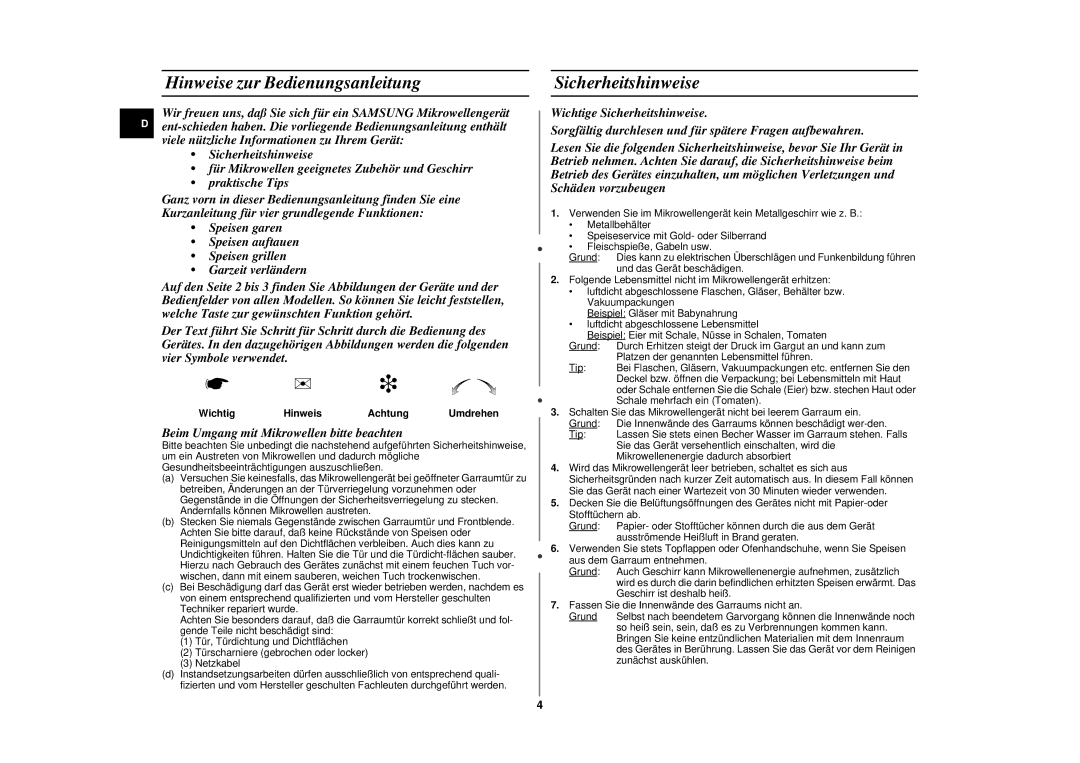 Samsung CE287DN-1S/XEG, CE287DN-S/XEG manual Hinweise zur Bedienungsanleitung, Sicherheitshinweise, Wichtig Hinweis Achtung 