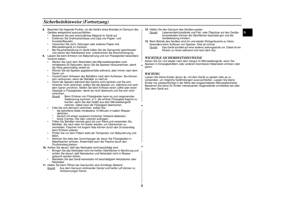 Samsung CE287DN/XEG, CE287DN-S/XEG, CE287DN-1S/XEG manual Sicherheitshinweise Fortsetzung, Wichtige Sicherheitshinweise 