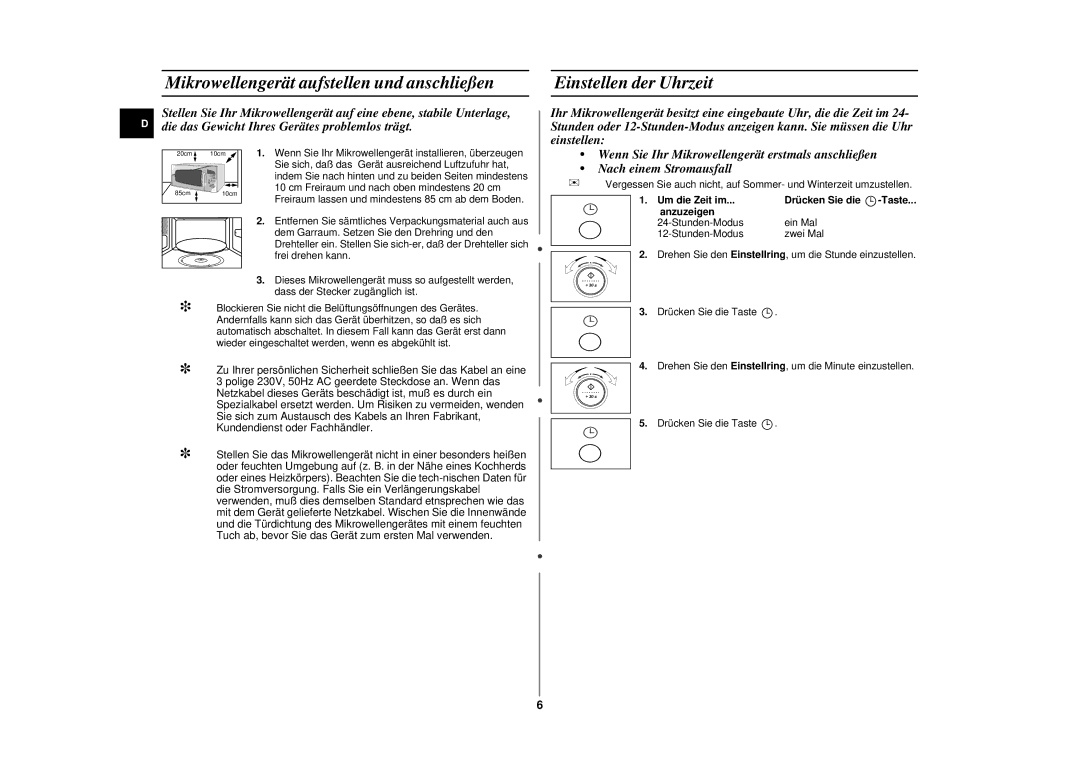 Samsung CE287DN-S/XEG, CE287DN-1S/XEG, CE287DN/XEG manual Mikrowellengerät aufstellen und anschließen, Einstellen der Uhrzeit 