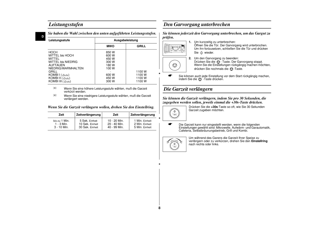 Samsung CE287DN/XEG Leistungsstufen, Den Garvorgang unterbrechen, Die Garzeit verlängern, Leistungsstufe Ausgabeleistung 