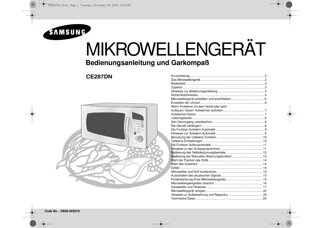 Samsung CE287DN-1S/XEG, CE287DN-S/XEG, CE287DN/XEG manual Wenn Probleme mit dem Gerät oder beim, Code No. DE68-02307A 