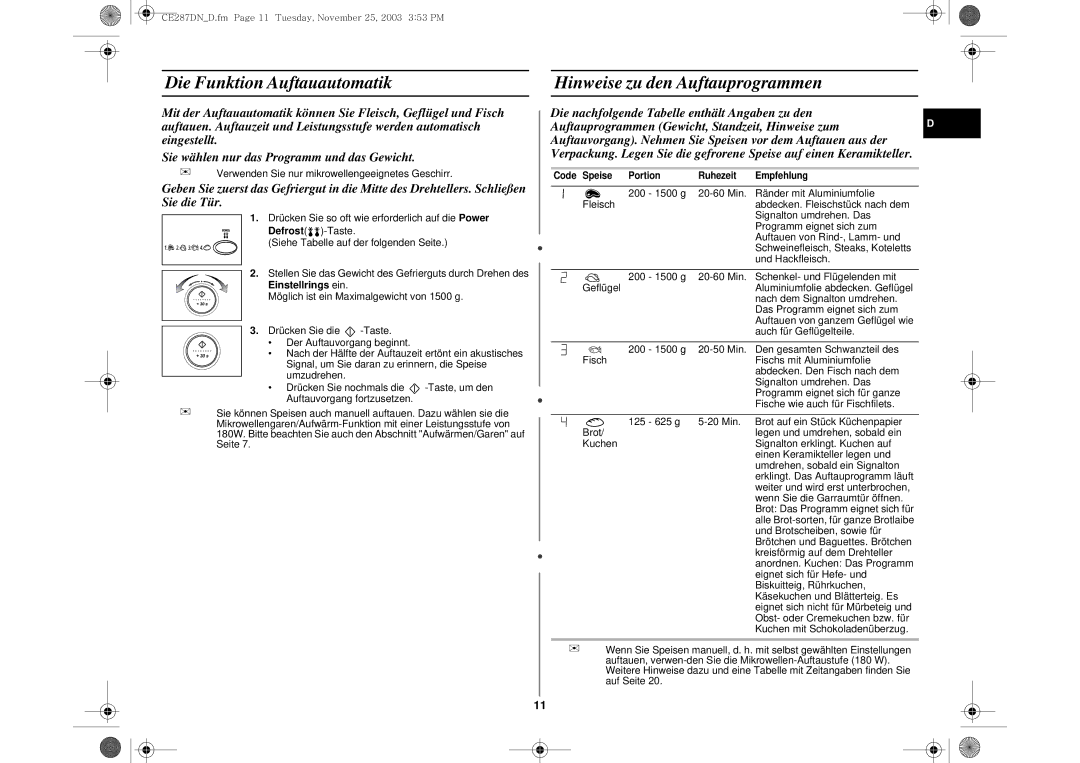 Samsung CE287DN/XEG, CE287DN-S/XEG manual Die Funktion Auftauautomatik, Hinweise zu den Auftauprogrammen, Und Hackfleisch 