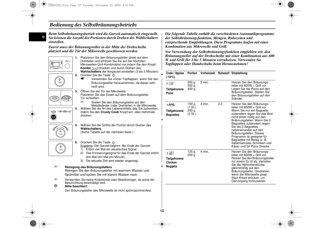 Samsung CE287DN-S/XEG, CE287DN/XEG Bedienung des Selbstbräunungsbetriebs, Reinigung des Bräunungstellers, Bitte beachten 