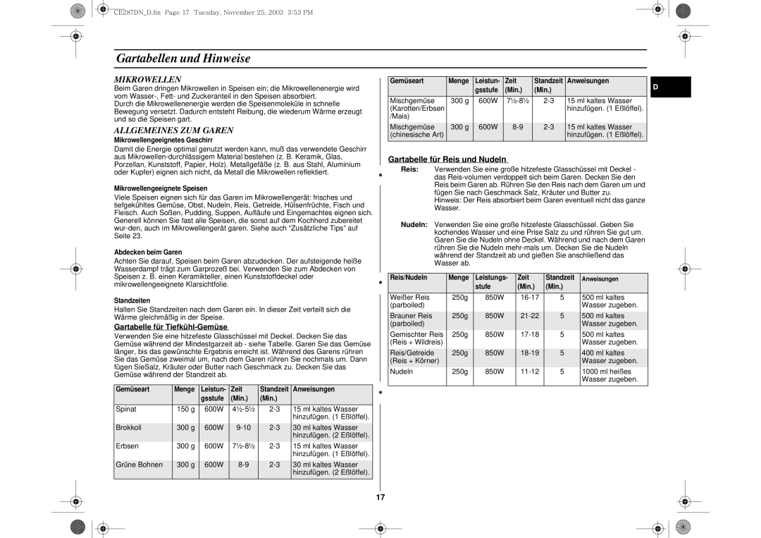 Samsung CE287DN/XEG manual Gartabellen und Hinweise, Mikrowellen, Allgemeines ZUM Garen, Gartabelle für Tiefkühl-Gemüse 