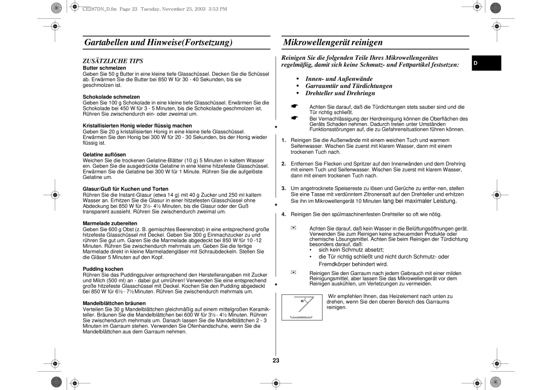 Samsung CE287DN/XEG, CE287DN-S/XEG, CE287DN-1S/XEG manual Mikrowellengerät reinigen, Zusätzliche Tips 