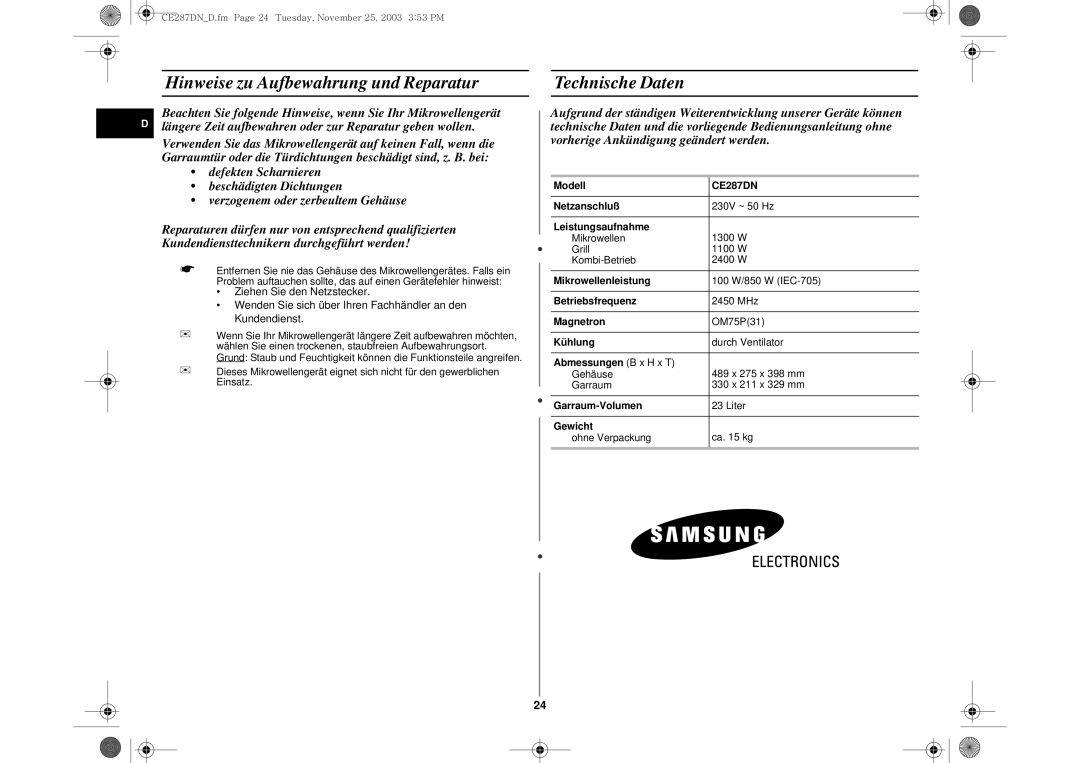 Samsung CE287DN-S/XEG, CE287DN-1S/XEG, CE287DN/XEG manual Hinweise zu Aufbewahrung und Reparatur Technische Daten 