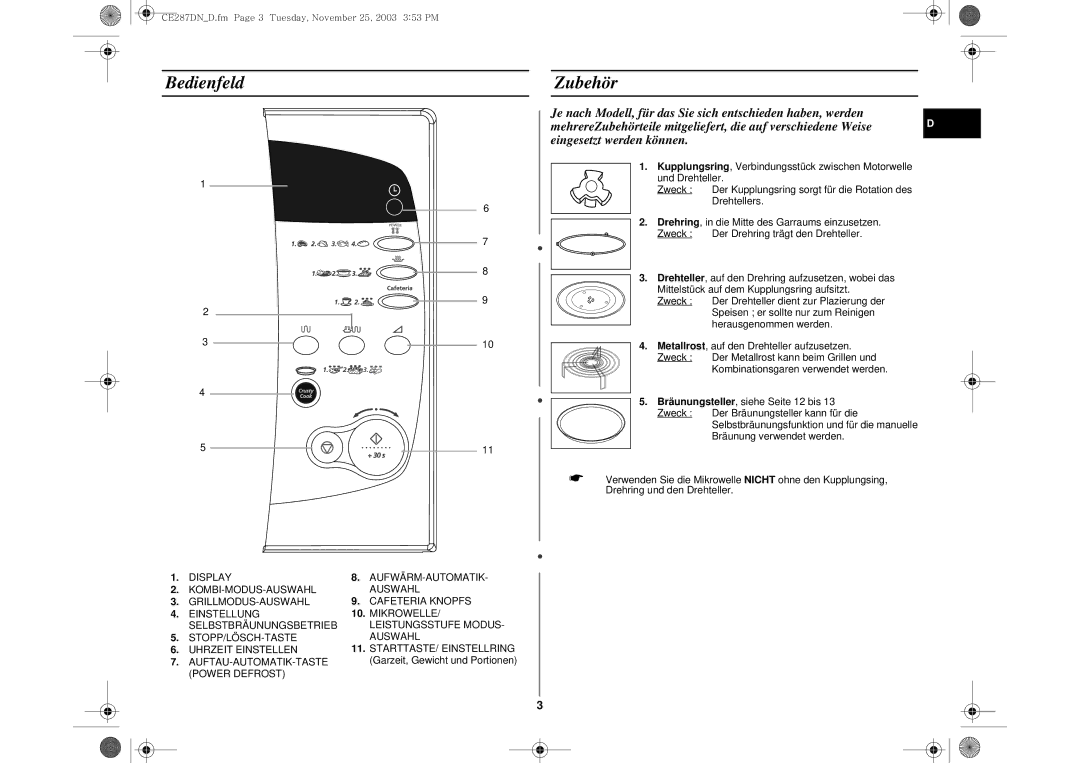 Samsung CE287DN-S/XEG, CE287DN-1S/XEG, CE287DN/XEG manual Bedienfeld Zubehör, Display 