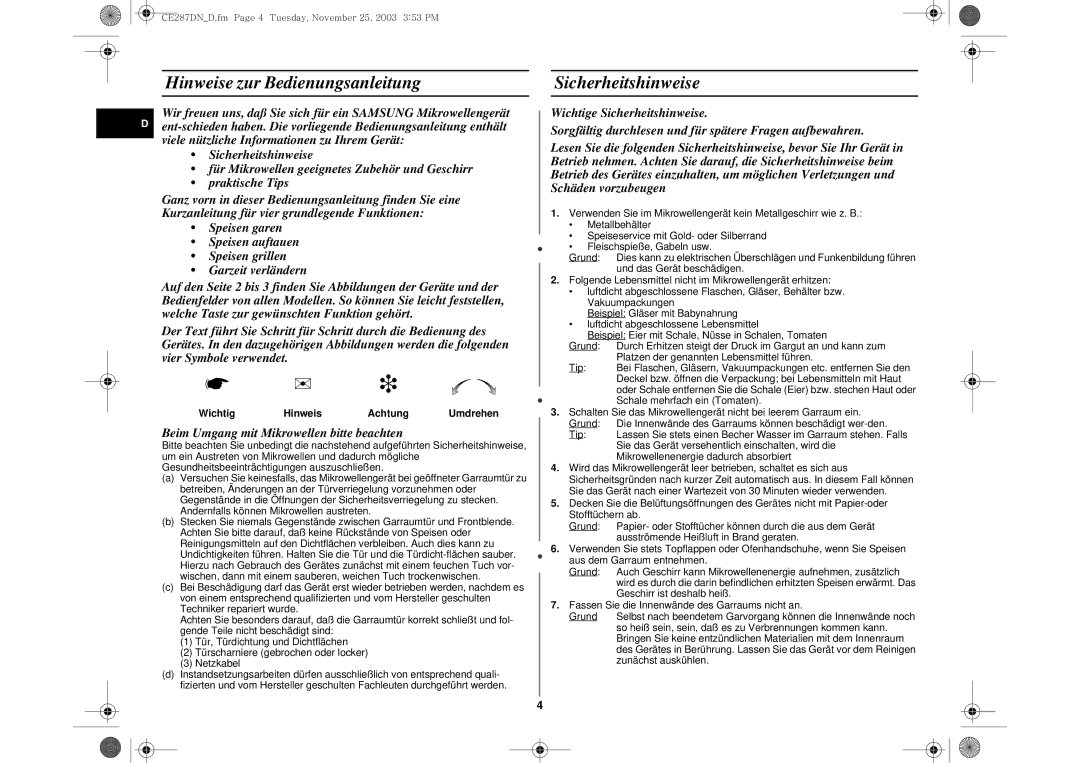 Samsung CE287DN-1S/XEG Hinweise zur Bedienungsanleitung Sicherheitshinweise, Wichtig Hinweis Achtung, Zunächst auskühlen 