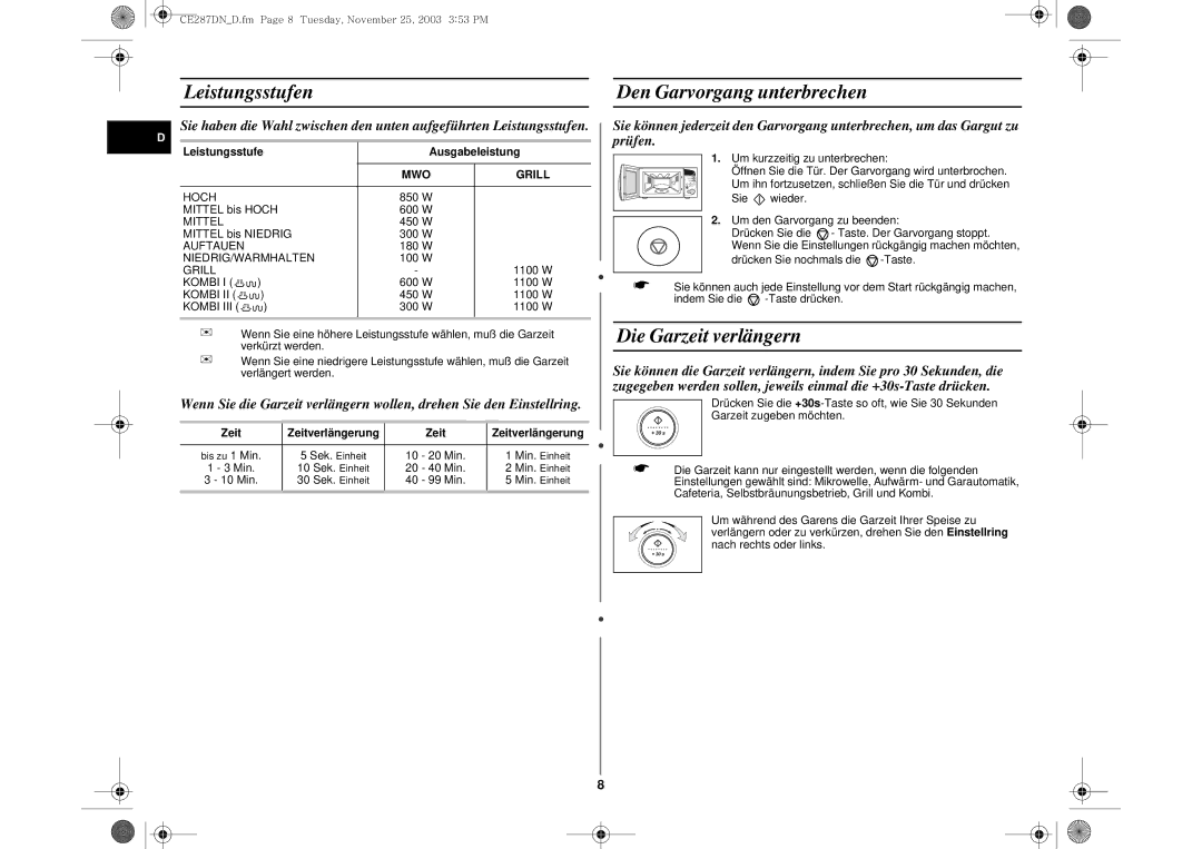 Samsung CE287DN/XEG Leistungsstufen Den Garvorgang unterbrechen, Die Garzeit verlängern, Leistungsstufe Ausgabeleistung 