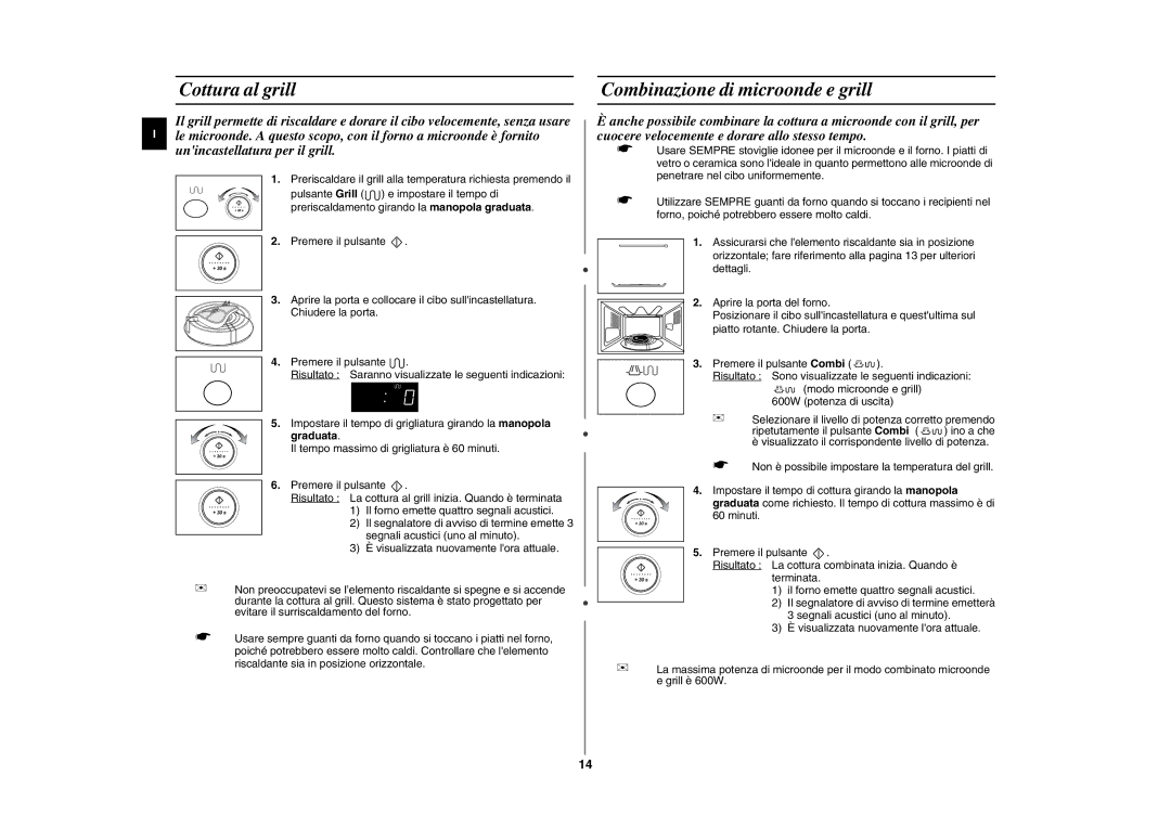 Samsung CE287DN/XET, CE287DN-S/XET, CE287DN-1/XET, CE287DN-1S/XET manual Cottura al grill, Combinazione di microonde e grill 