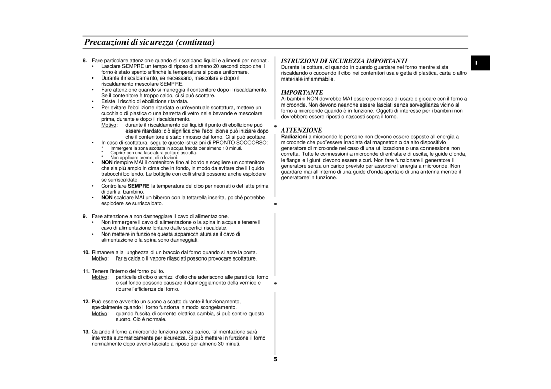 Samsung CE287DN-1/XET manual Precauzioni di sicurezza continua, Istruzioni DI Sicurezza Importanti, Importante, Attenzione 