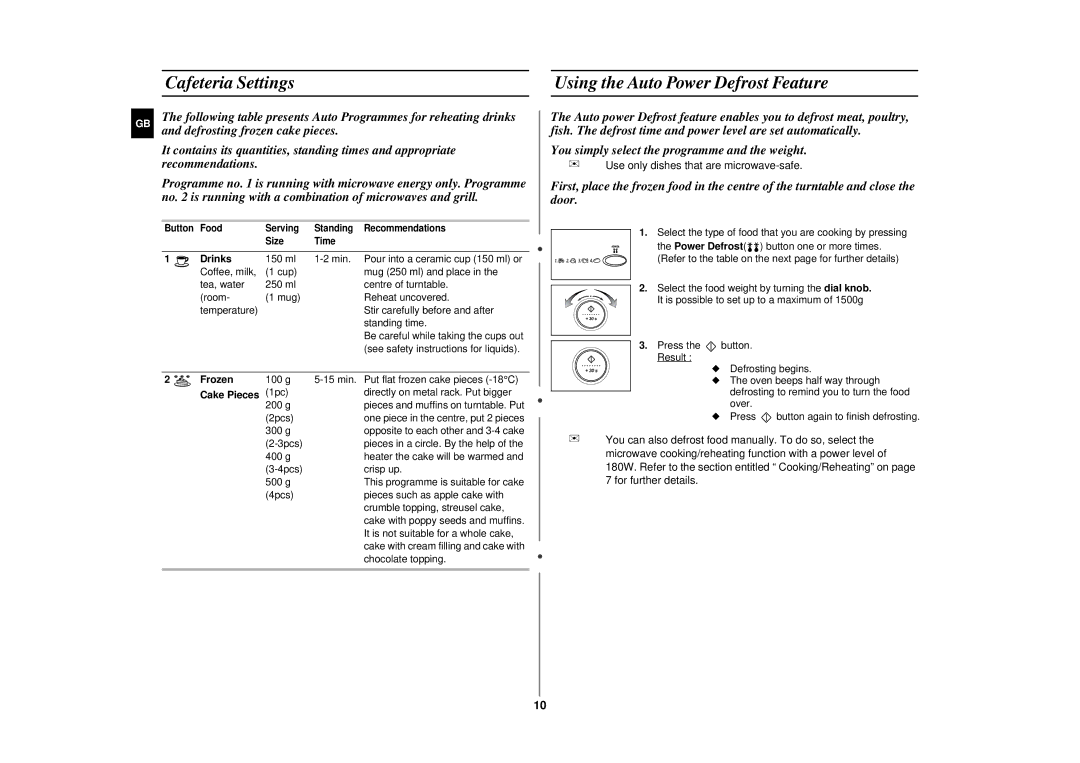 Samsung CE287DN/XEH, CE287DN/GEN Cafeteria Settings, Using the Auto Power Defrost Feature, Drinks, Frozen, Cake Pieces 