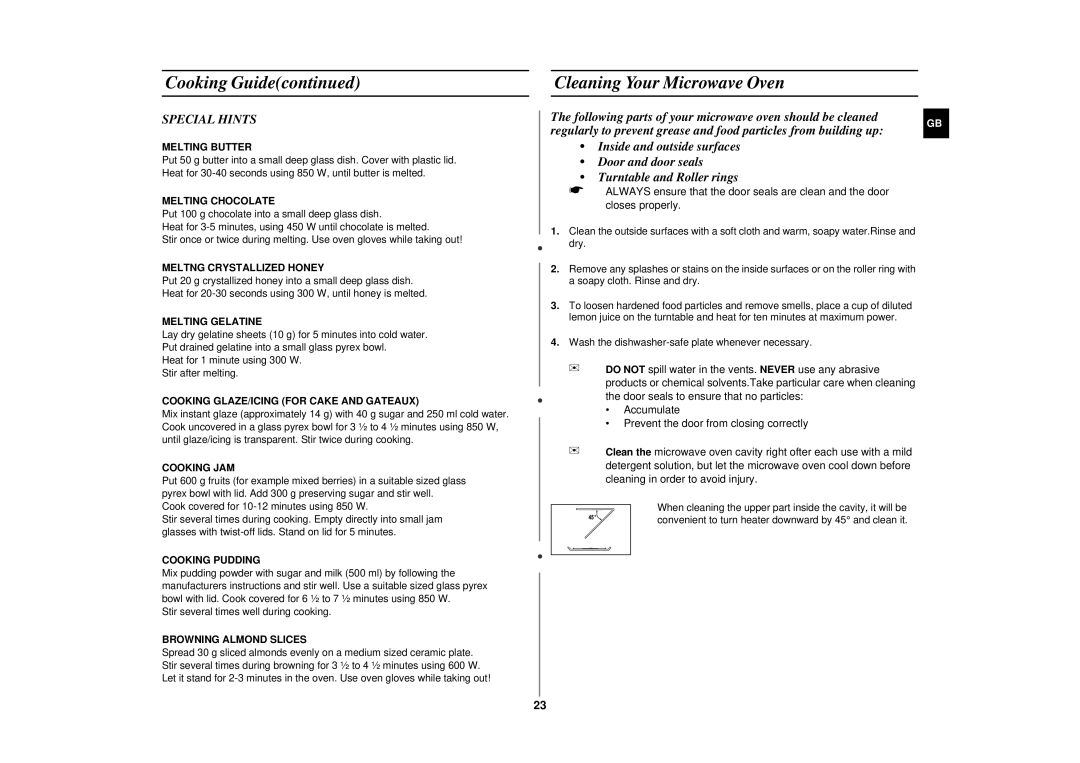 Samsung CE287DN-1/XEH, CE287DN/GEN, CE287DN/XEH manual Cleaning Your Microwave Oven, Special Hints 