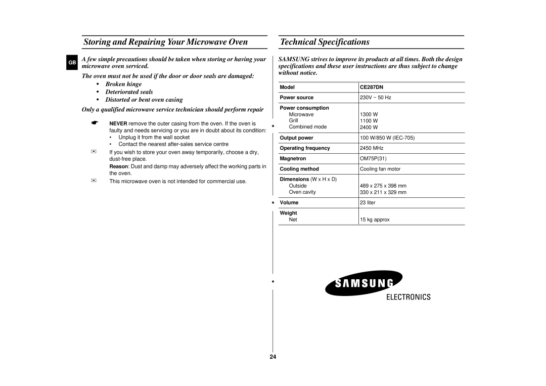 Samsung CE287DN/GEN, CE287DN/XEH, CE287DN-1/XEH manual 