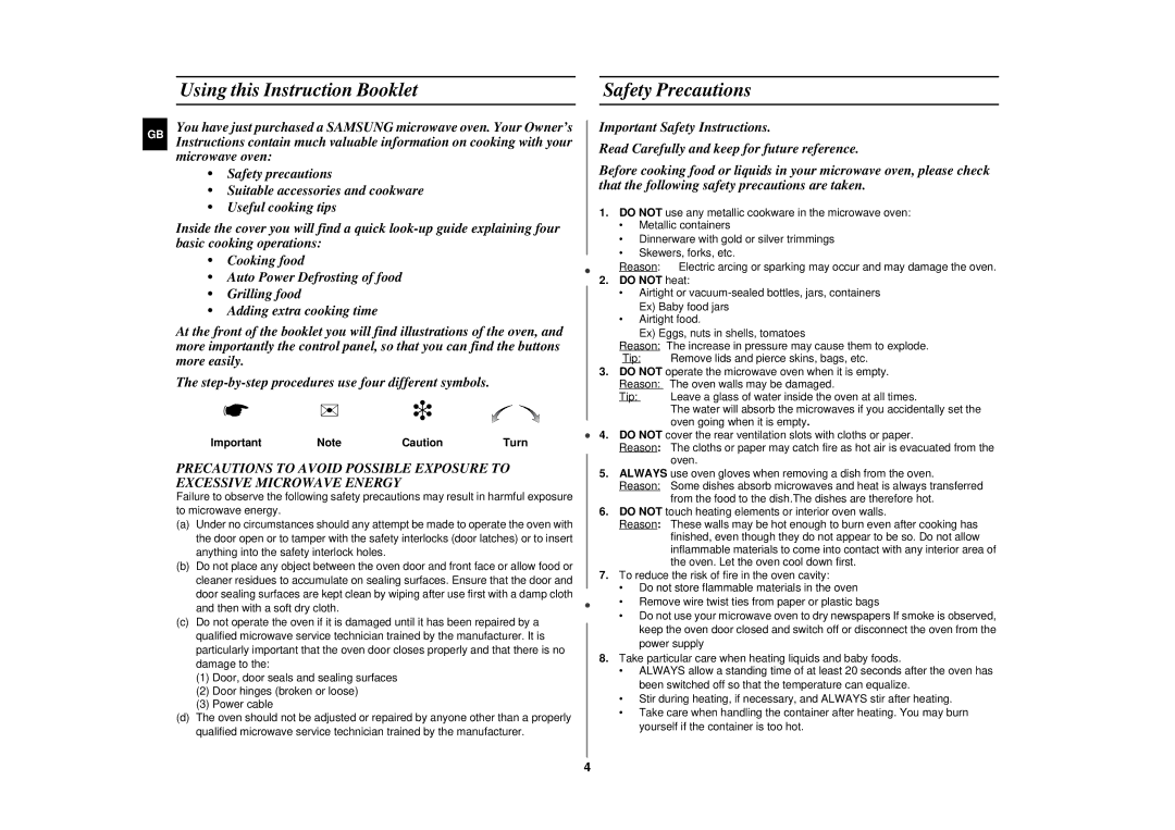 Samsung CE287DN/XEH manual Using this Instruction Booklet, Safety Precautions, Do not heat, Oven going when it is empty 